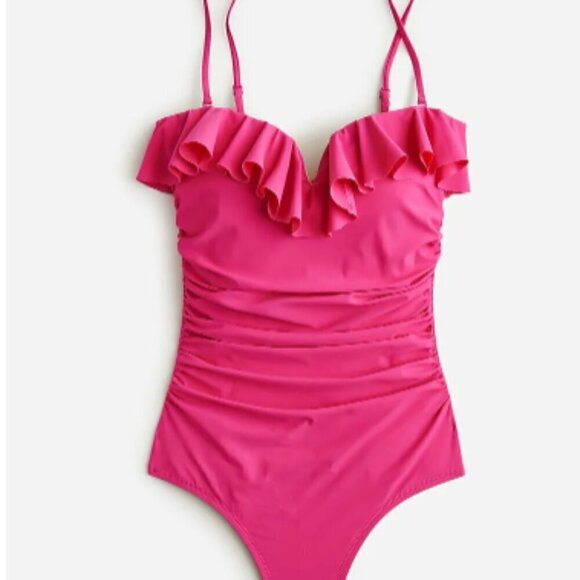 J. Crew Matte Ruched One-Piece Swimsuit With Ruffles Sizes 6 & 24 NWT Pink Twee - Picture 1 of 10